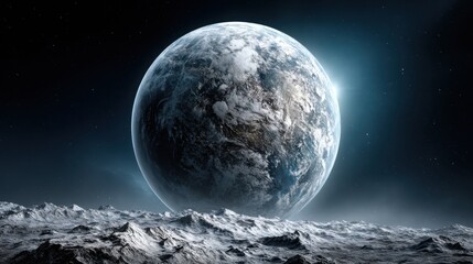 A vast lunar landscape features rugged terrain under a starry sky, showcasing a distant planet with a glowing atmosphere. The event captures the wonder of celestial bodies in space.