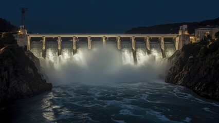 Hydroelectric dam releasing water at night with illuminated structure and surrounding landscape