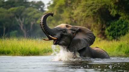 Obraz premium Elephant in river raising its trunk, water splashing in vibrant green landscape