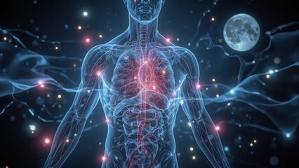 Human anatomy illustration showing circulatory system with glowing heart and moonlit background