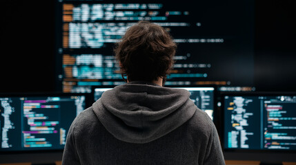 Rear view of a programmer working on multiple screens displaying code and data in a dark room.
