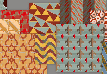 Seamless Pattern Set with Geometric Shapes and 3D Shadow Effect Muted Colors