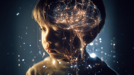 Profile of a child with glowing brain neural network illustration symbolizing learning and intelligence.

