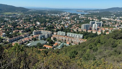 Aerial view of a cityscape with residential buildings, greenery, and distant water under a clear blue sky