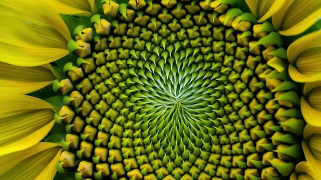 Sunflower blooming in a fiend showcasing intricate patterns and vibrant colors under midday sunlight in a rural landscape