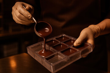 Chocolate Confection: A skilled artisan delicately pours rich, melted chocolate into a mold. The image is a testament to the careful creation of delicious delights. 