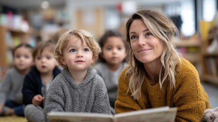 Obraz premium A teacher and several young children sit on the floor listening intently to a story being read. The classroom has a warm atmosphere filled with books and learning materials.
