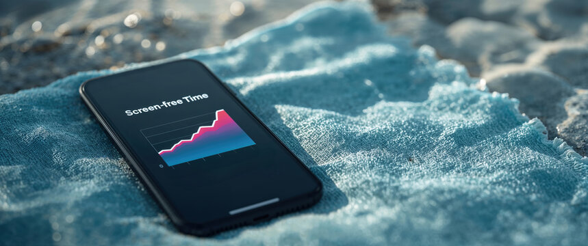 Smartphone displaying "Screen-Free Time" graph on a blue towel near water outdoors