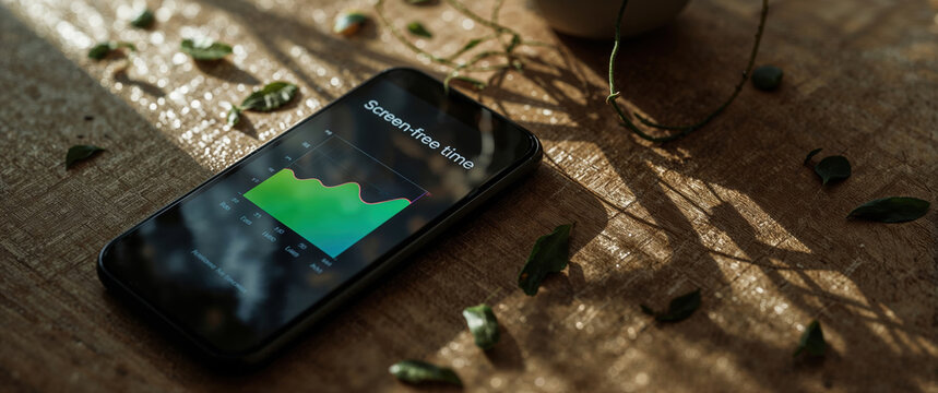 Smartphone displaying "Screen-free time" graph on wooden surface with scattered leaves and natural light