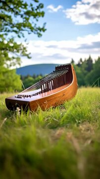 Antique zither sits gracefully on vibrant green grass against a serene blue sky in an outdoor countryside setting under sunlight.