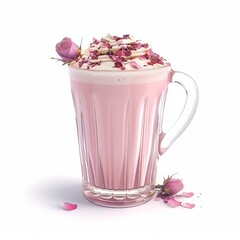 A delicate rose latte with a subtle pink hue and rose petals on top, isolated white background, hyper-realism art style