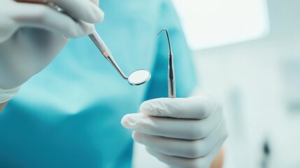 A dental assistant preparing tools in a dental office against a sterile white background, macro shot, Minimalist style
