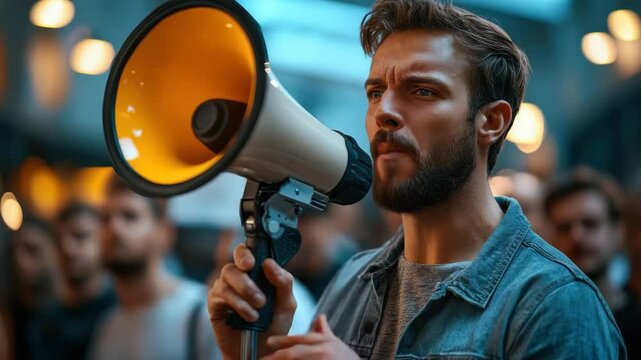 Young man passionately speaking through megaphone during gathering at urban location at night with crowd engaging in conversation