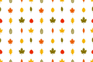 Seamless pattern with scattered autumn leaves in red, orange and green. Ideal for seasonal paper goods, decor and surface design