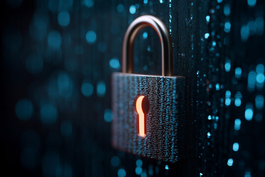 Padlock security on binary code background