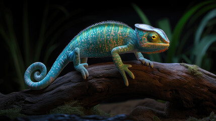 Fototapeta premium Vibrant chameleon on log in natural habitat