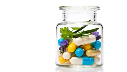 Herbal Supplements Nature's Remedy in a Jar - Colorful Capsules and Herbs