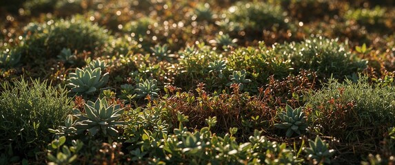 Close-up of green succulents and plants in a garden illuminated by warm sunlight