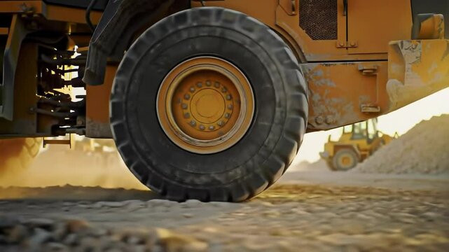 Heavy duty construction truck on dusty road with men in background. Earthmoving vehicle at desert site, footage.