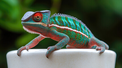 Fototapeta premium Colorful panther chameleon on white surface with vibrant background