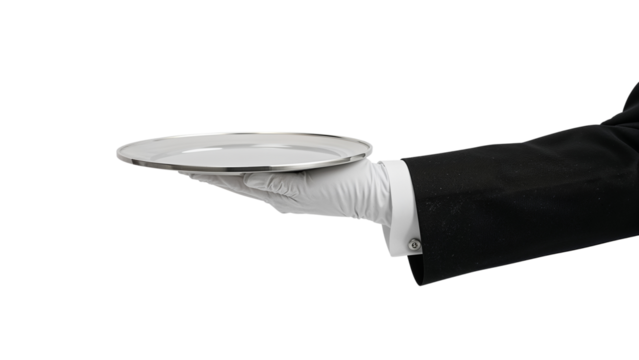 Waiter Holding a Silver Plate with White Gloved Hand isolated on transparent background png