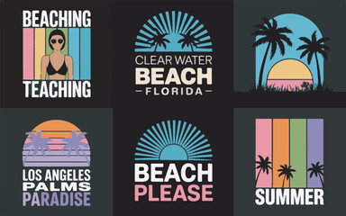 Six Retro Summer Beach Designs Palm Trees Sunset Graphics