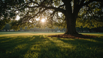 Large tree with sprawling branches in a sunlit park during sunrise, casting long shadows on the grass