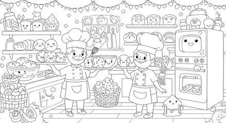 Adorable children chefs in a whimsical kawaii bakery with happy food, a black and white coloring page illustration.
