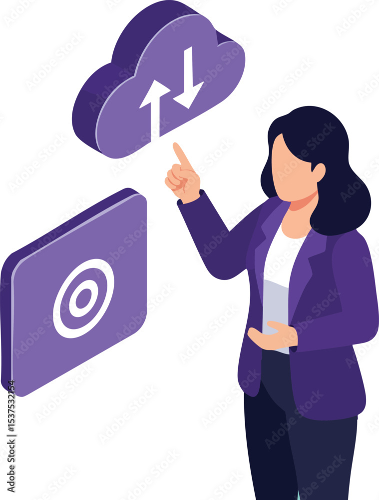 Poster woman using cloud storage technology for uploading and downloading data in modern digital workflow v