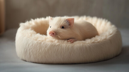 Adorable piglet mini pig comfortably in soft fluffy bed