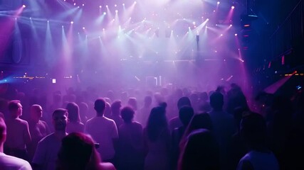 Vibrant nightclub atmosphere filled with dancing crowd and impressive light show during late night party