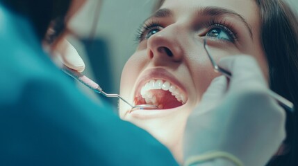 A dental hygienist cleaning a patient’s teeth in a dental office, with dental tools and charts visible, Clinical style
