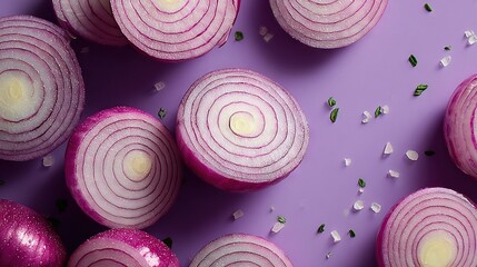 A close-up image of onions on a purple surface with a few cloves of garlic nearby