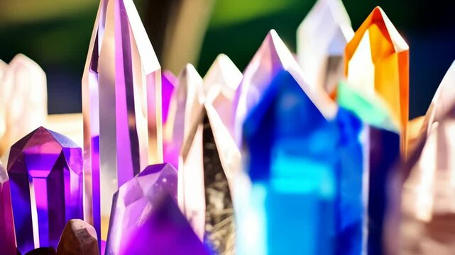 Close-up view of a vibrant assortment of natural crystal points with multi-colored hues and faceted surfaces, capturing the light.