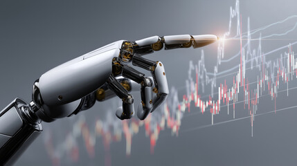 Fototapeta premium Robotic hand interacting with a digital financial graph in a futuristic technology environment. 