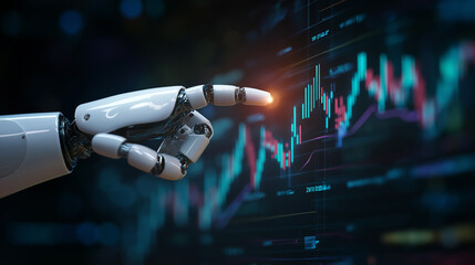 Robotic hand interacting with a digital financial graph in a futuristic technology environment.
