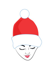 Minimalist female face wearing a red Christmas hat with white fur trim and pom-pom. Eyes closed, gentle smile. Black and white vector illustration with a touch of red.