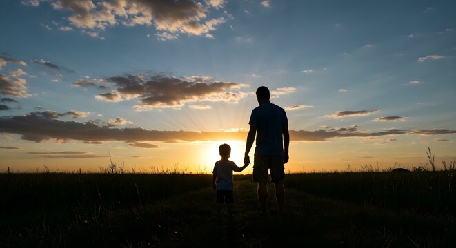 Pai e filho no campo ao pôr do sol – família rural brasileira no agronegócio