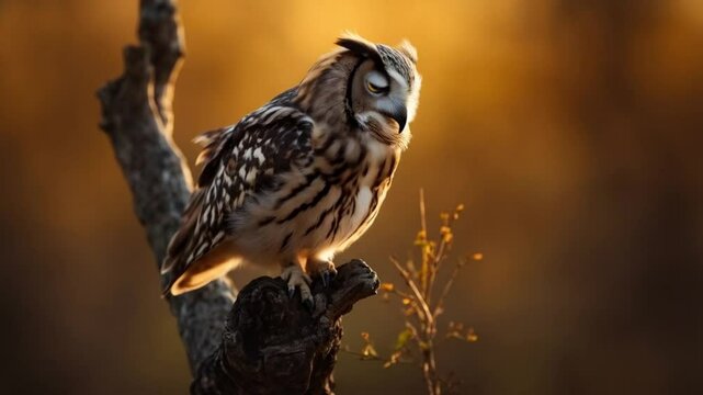 A short eared owl perched on a tree branch with a blurred golden background in soft light video
