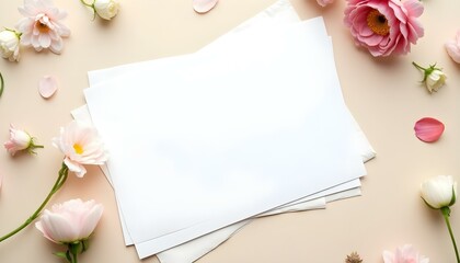 Mockup com folhas em branco e flores decorativas sobre mesa clara. Composi&ccedil;&atilde;o suave para design, convite ou papelaria criativa.