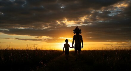 Pai e filho ind&iacute;genas caminhando de m&atilde;os dadas no campo ao p&ocirc;r do sol