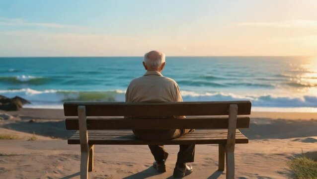 Anciano sentado en una banca frente al océano