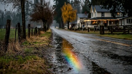   A rainbow is mirrored in a pool of water along a road next to homes