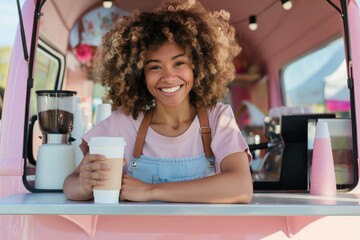 Smiling barista holding coffee in pink food truck