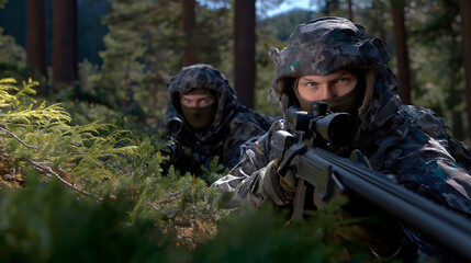 Fototapeta premium Camouflaged snipers in forested terrain for protection and security