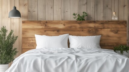 Artistic headboard and premium linen in boutique hotel bedroom with muted tones