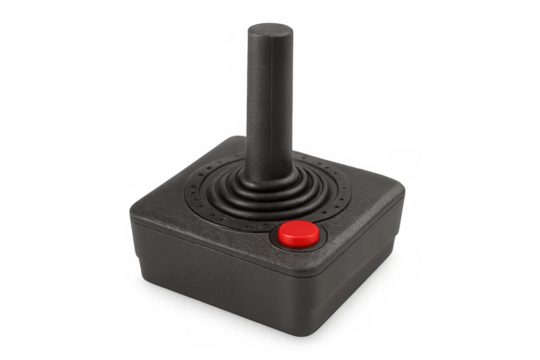 Black vintage joystick with red button isolated on transparent background, representing gaming and nostalgia
