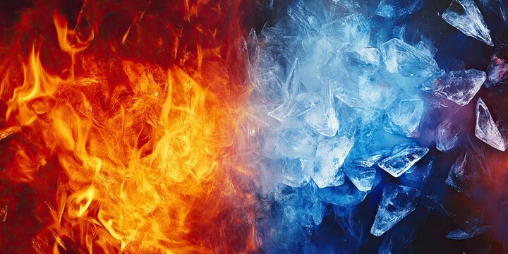 A background of flames on the left and ice crystals on right, contrasting colors, vibrant colors