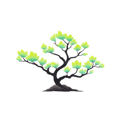 Obraz premium Stylized illustration of bonsai tree with vibrant green leaves and dark, twisted trunk, showcasing serene and artistic representation of nature