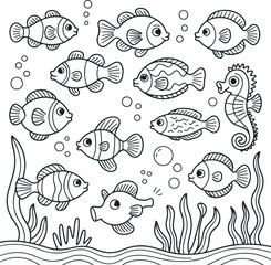 Black and White Cartoon Fish Sea Life Coloring Page